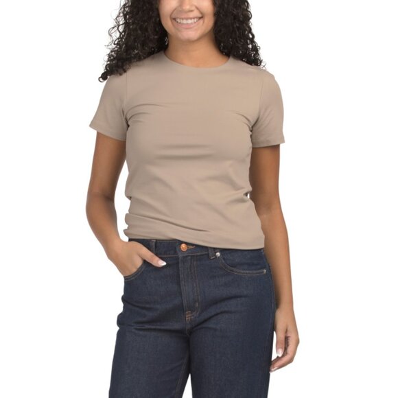 FRENCH LAUNDRY Soft Taupe Fully Lined Short Sleeve Crew Neck Top - Picture 1 of 2